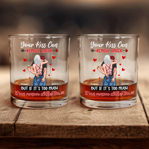 Personalized Whiskey Glass set with romantic couple design and Your Kiss Can Remove Anger text