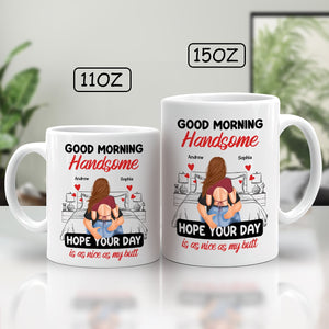Good morning handsome mug in 11oz and 15oz sizes with a playful design and personalized names Andrew and Sophia