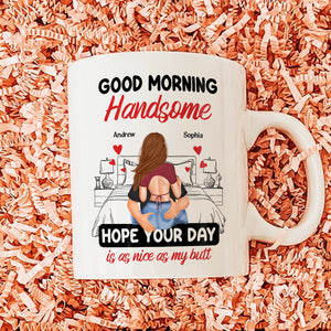 365Gifty good morning handsome mug with a couple embracing and personalized names Andrew and Sophia