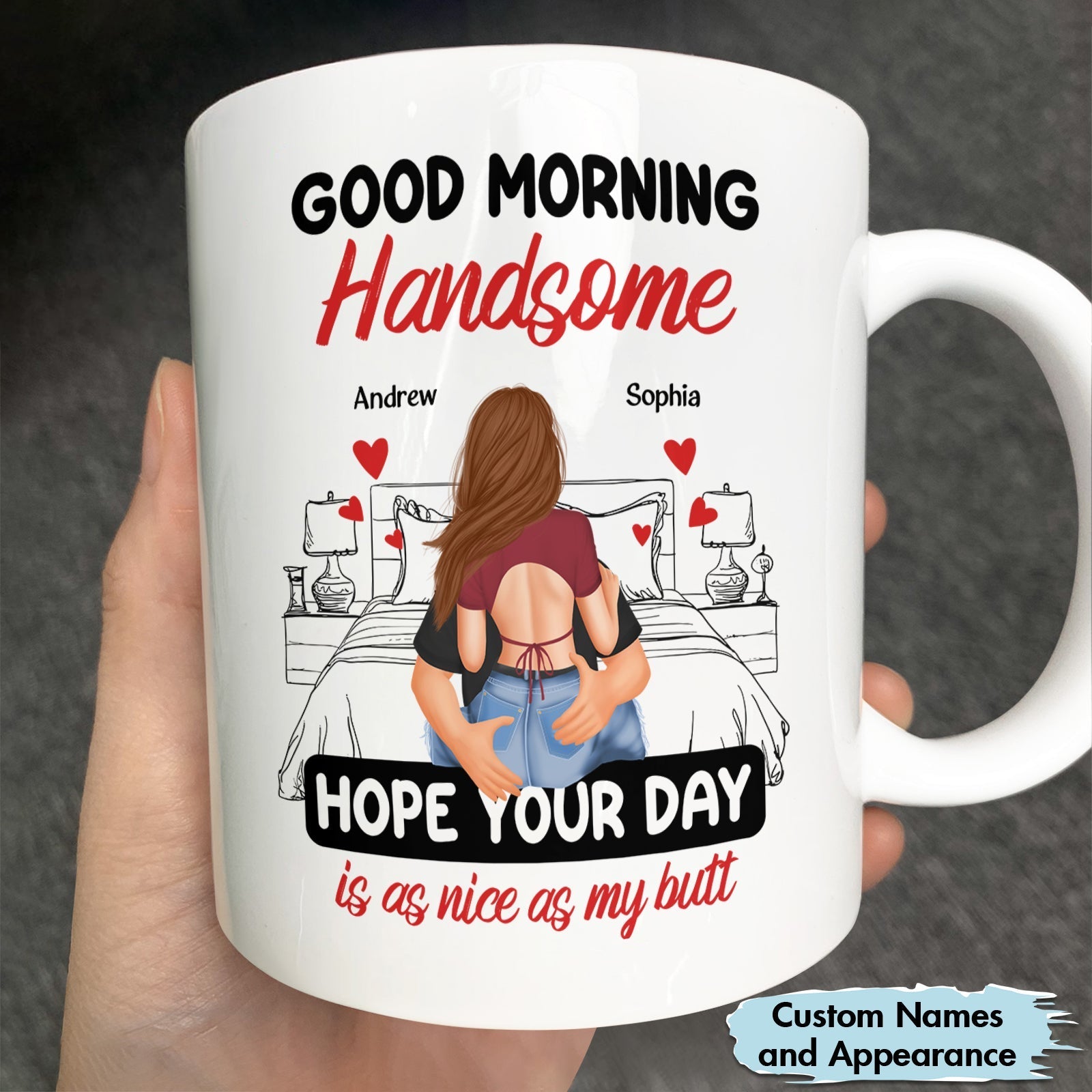 365Gifty good morning handsome mug with custom names and cute couple illustration sitting on bed