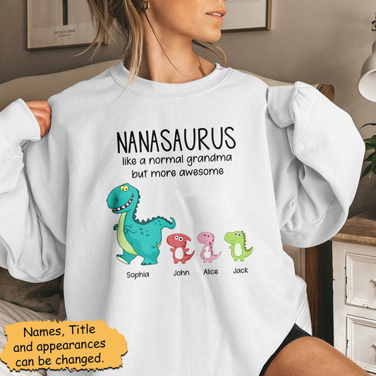 White sweatshirt featuring custom grandmasaurus family shirt design with colorful dinosaur characters and personalized names