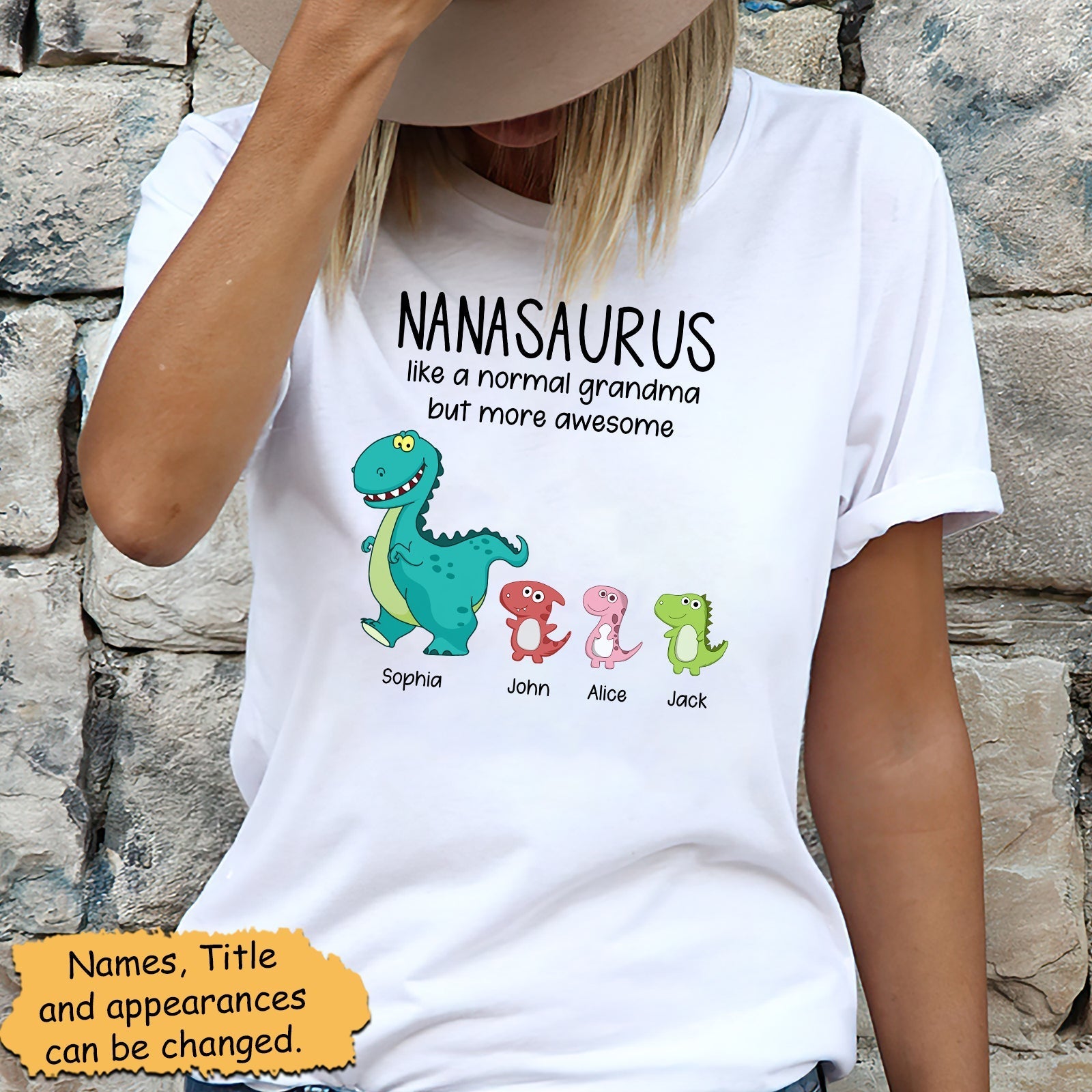 White custom grandmasaurus family shirt with colorful dinosaur characters and personalized names Sophia John Alice Jack