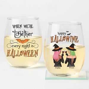 Custom Halloween wine glass featuring witches and festive text perfect for spooky celebrations