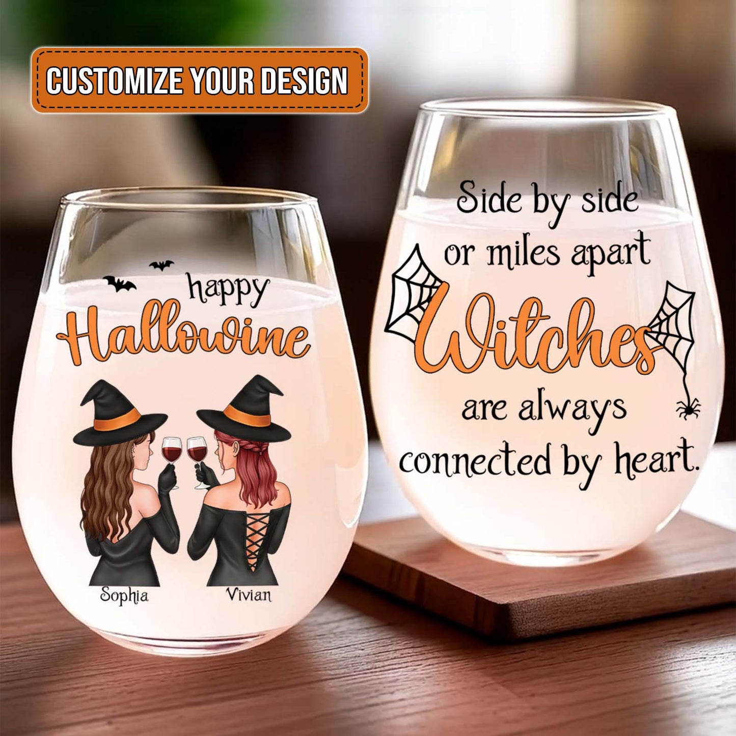 Custom Halloween wine glass featuring witches and a heartfelt message for friends and family