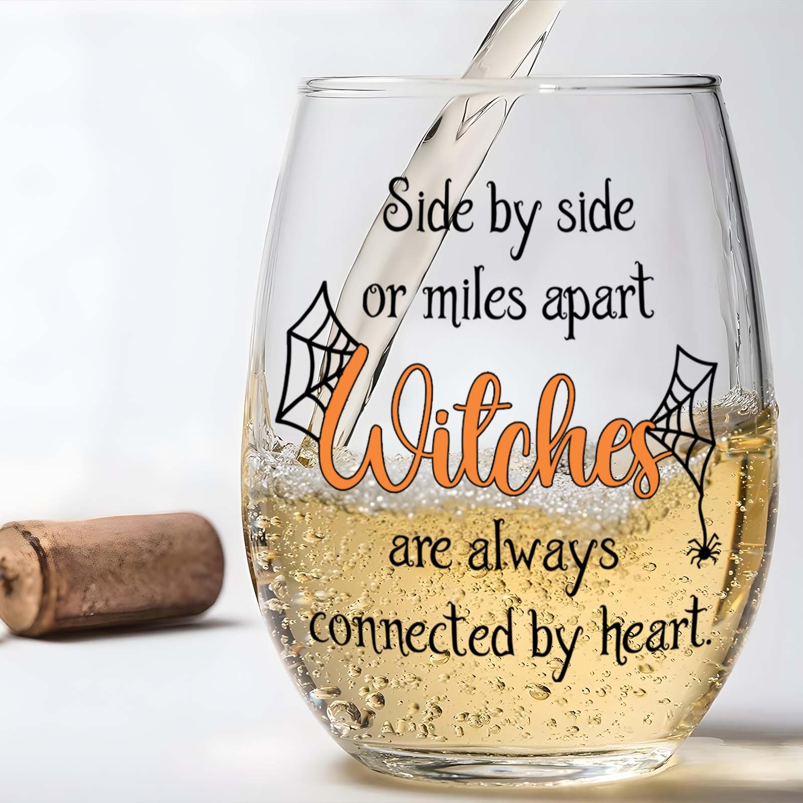 Custom Halloween wine glass featuring a witches theme and a heartfelt saying for spooky celebrations
