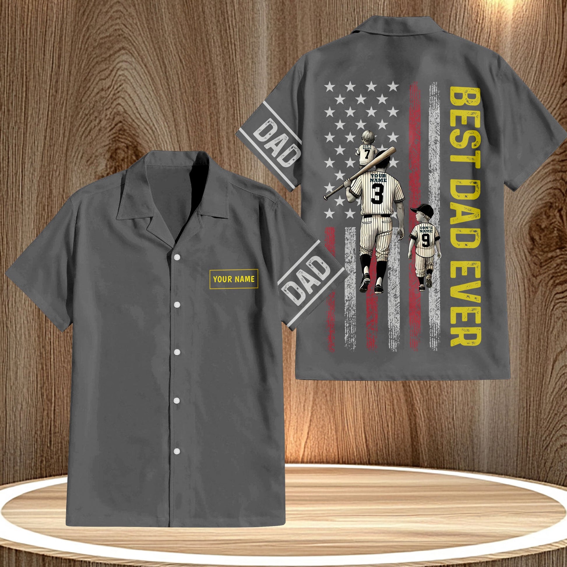 Gray custom Hawaiian shirt for dads with baseball design and Best Dad Ever print