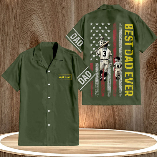 Green custom Hawaiian shirt for dads with Best Dad Ever design and personalized name patch