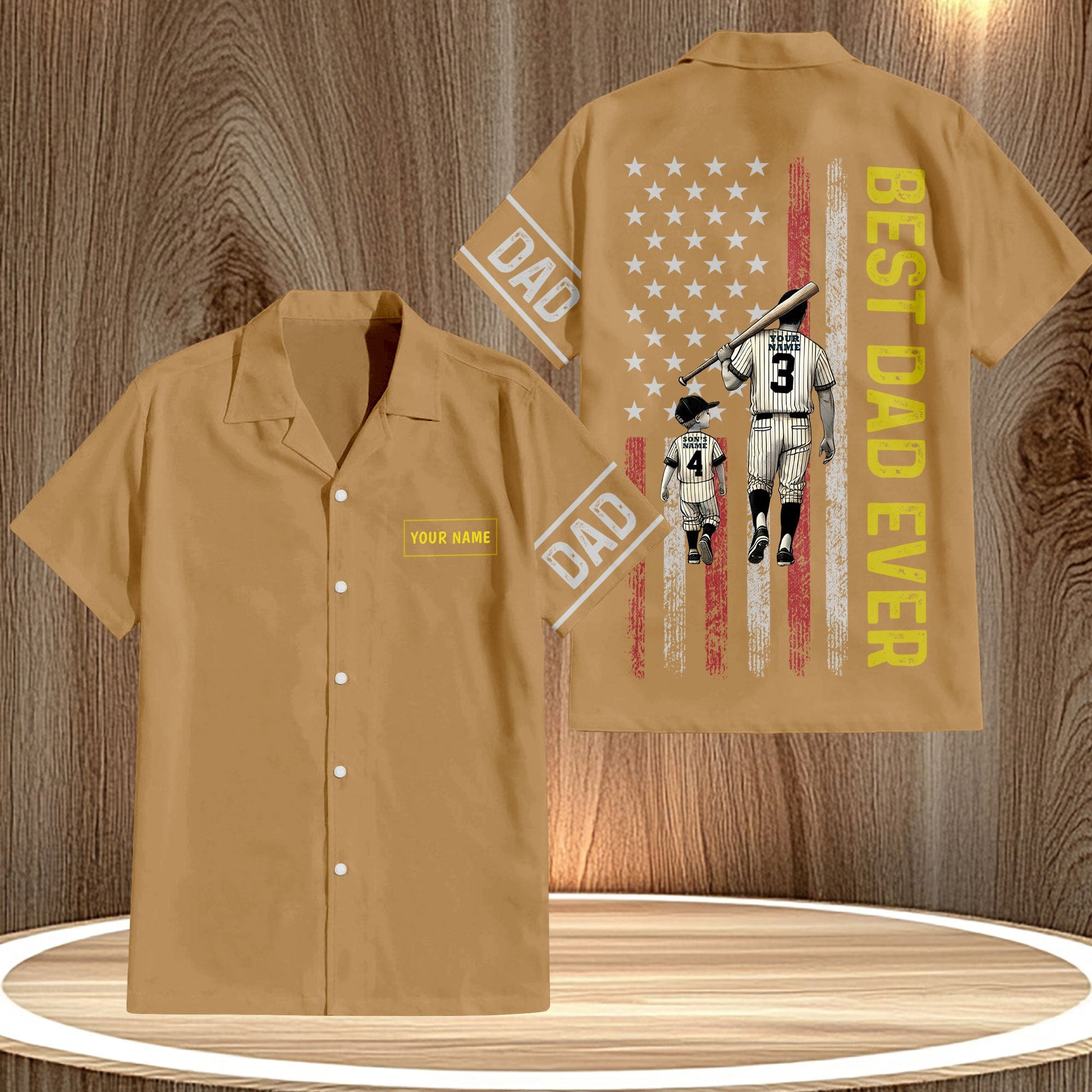 Custom Hawaiian shirt for dads in brown with Best Dad Ever and baseball player design