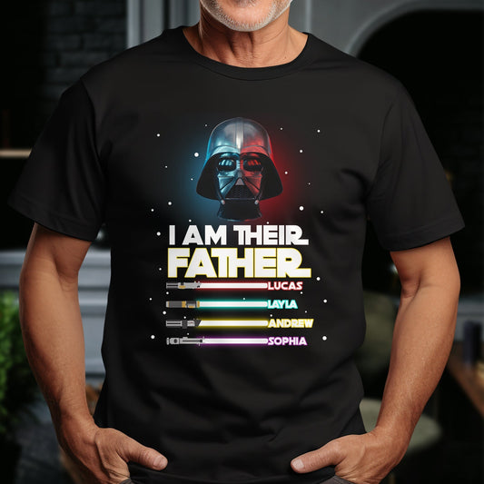 Black custom I am their father shirt with Darth Vader graphic and personalized lightsaber names