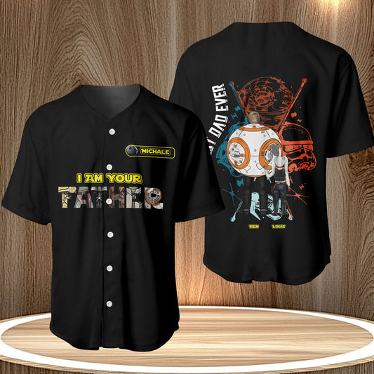 Black custom I Am Your Father shirt with yellow text and Star Wars inspired graphic on front and back