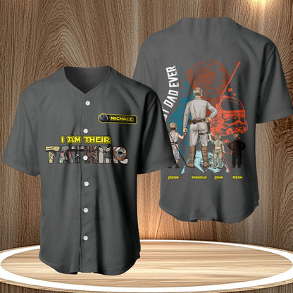 Gray custom I Am Your Father shirt with Star Wars inspired design and personalized names on front and back