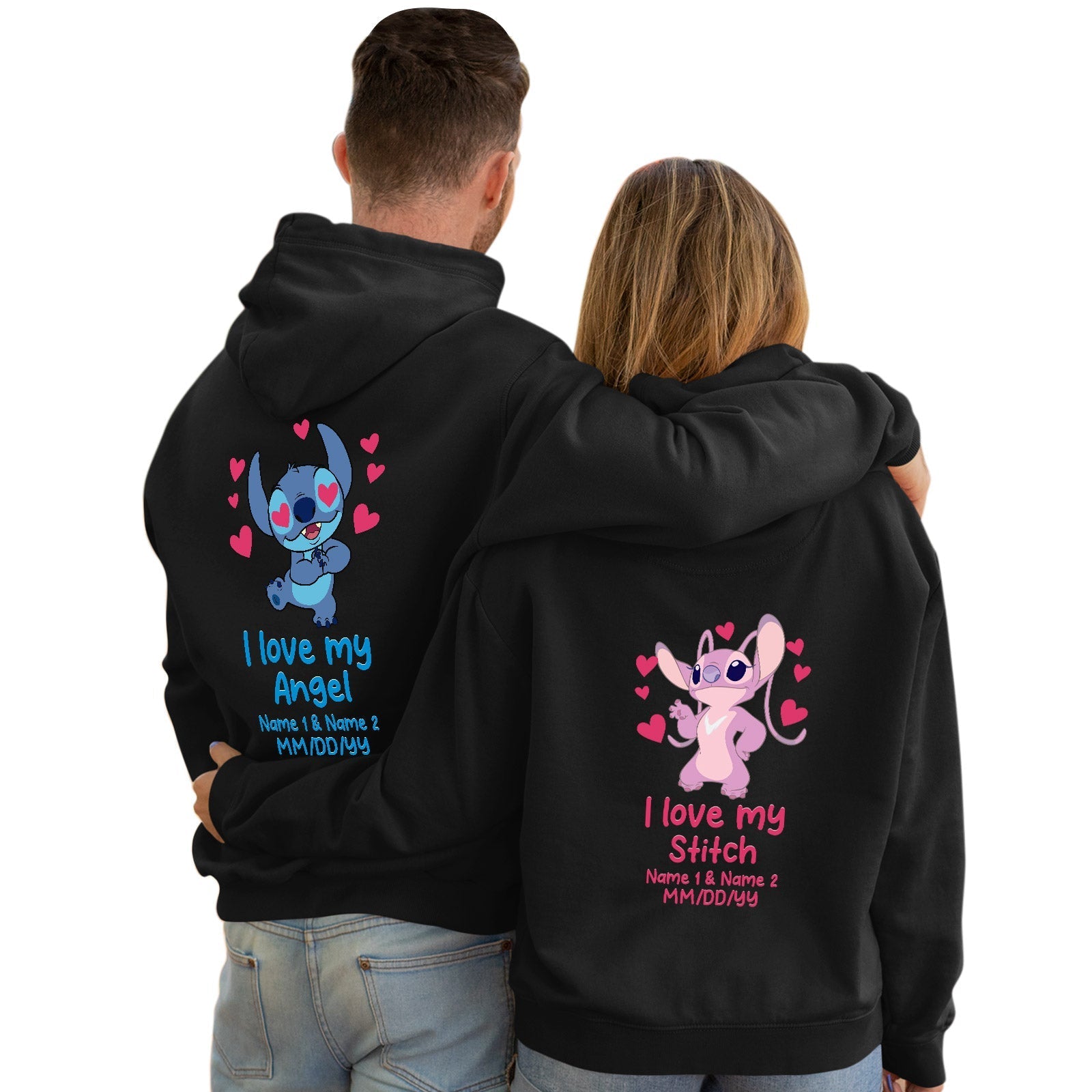 Couple wearing custom I love my angel hoodie with personalized Stitch and Angel designs and names