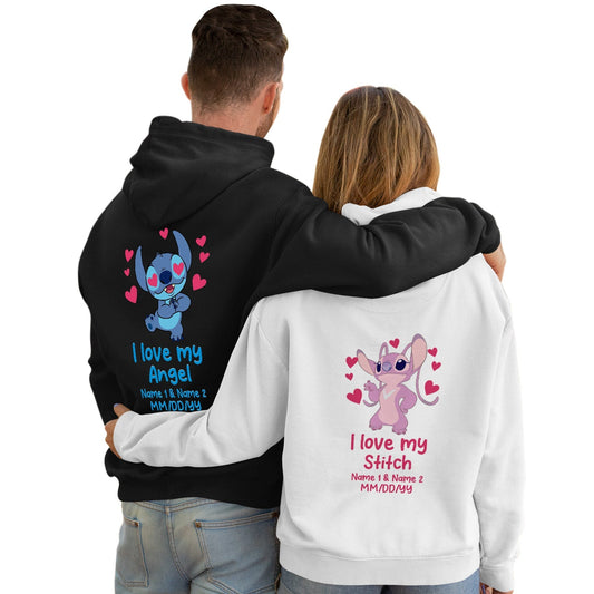 Couple wearing custom I love my angel hoodie with personalized Stitch and angel designs in black and white