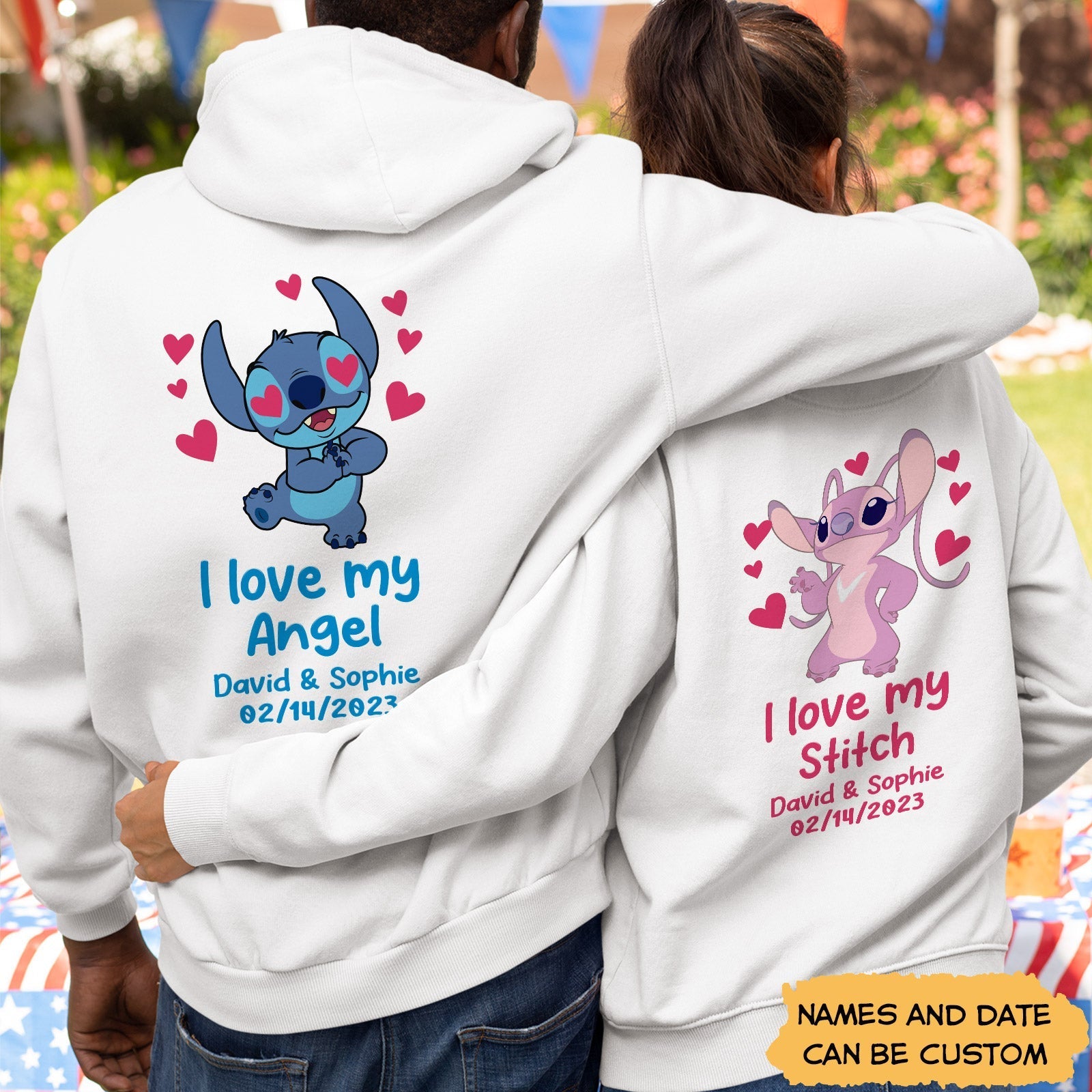 Couple wearing custom I love my angel hoodie with personalized Stitch and angel characters and names