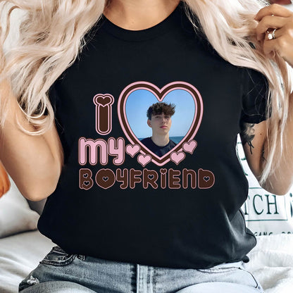 Black custom I love my boyfriend shirt with a heart-shaped photo frame and pink lettering