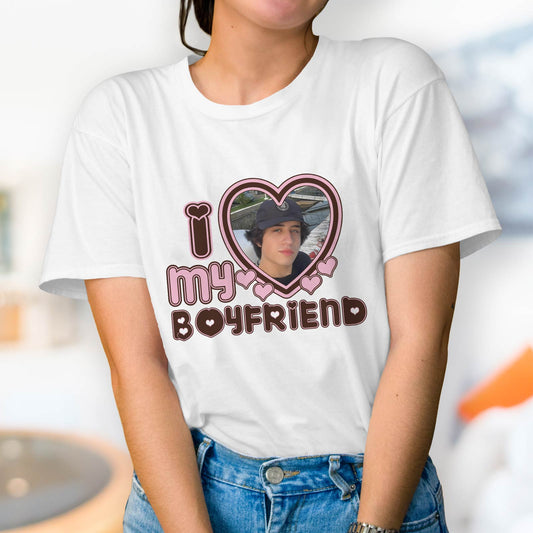 Custom I love my boyfriend shirt featuring a photo and pink heart design on white tee