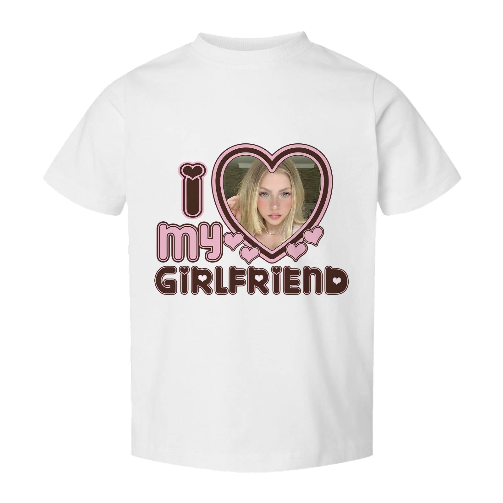 White custom I love my boyfriend shirt with pink and brown I love my girlfriend design and a photo heart