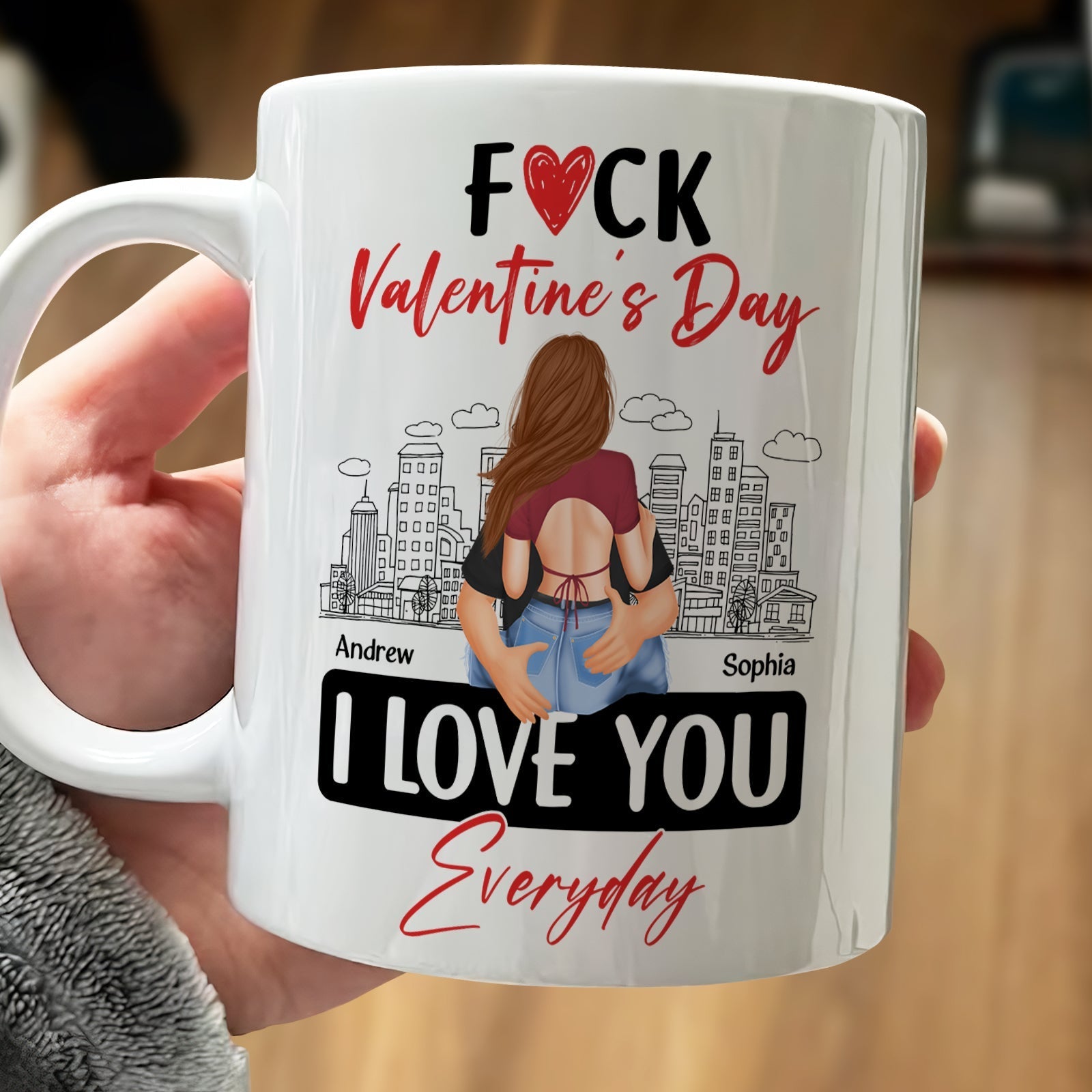 Custom I love you mug for couples with Valentine’s Day message and personalized names Andrew and Sophia