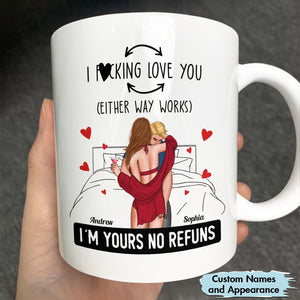 I love you personalized mug with custom names showing couple hugging in bed with hearts design