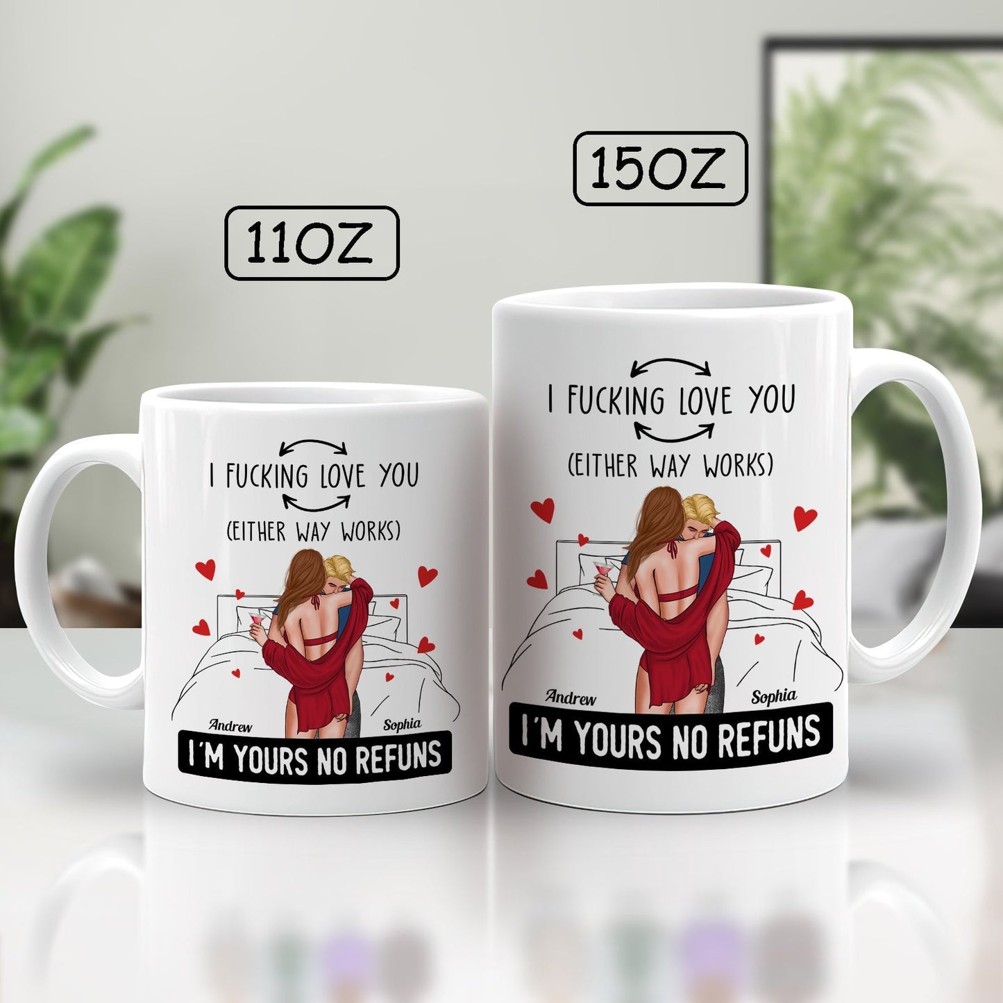 I love you personalized mug in 11oz and 15oz sizes with romantic couple illustration and custom names
