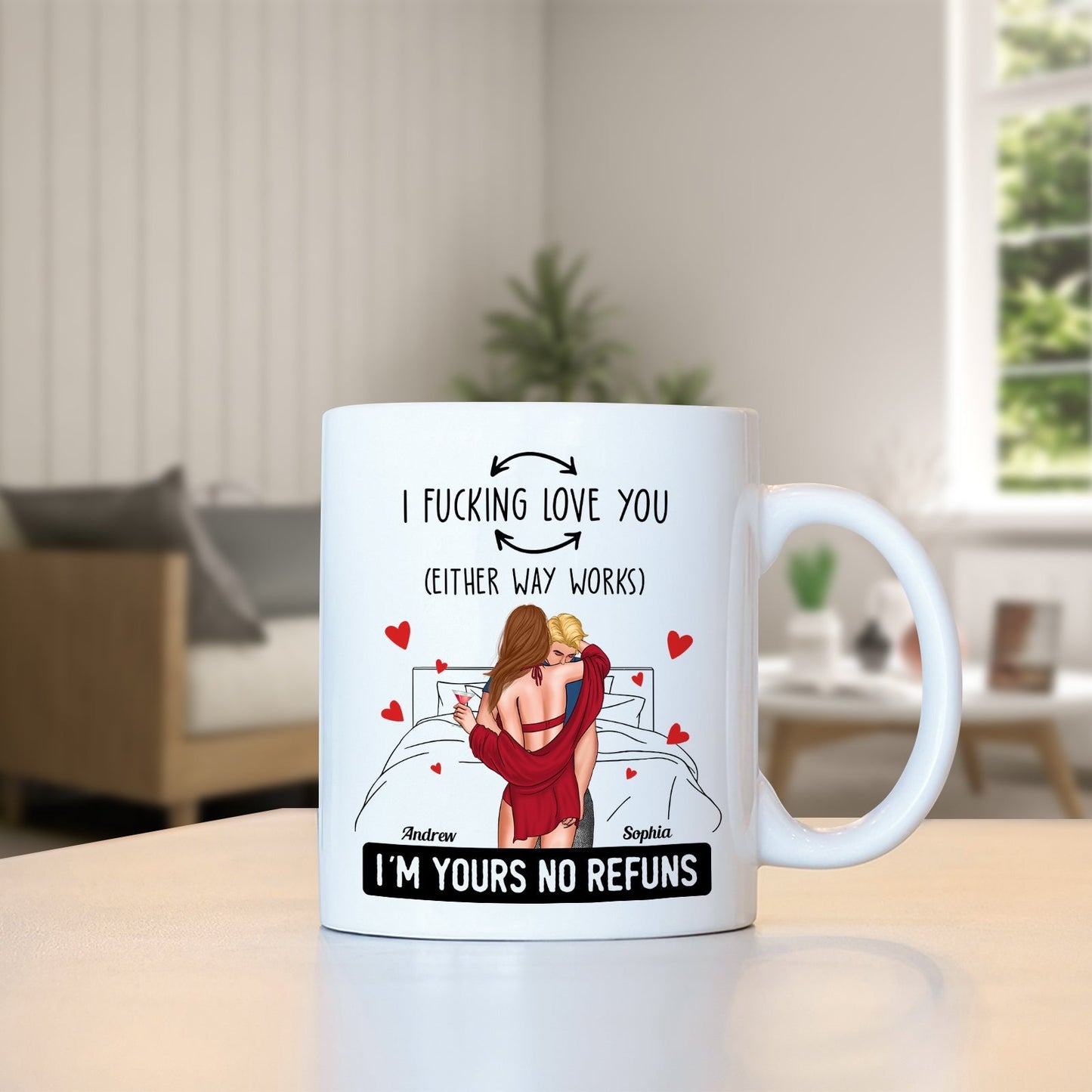 I love you personalized mug with romantic couple illustration and customizable names Andrew and Sophia
