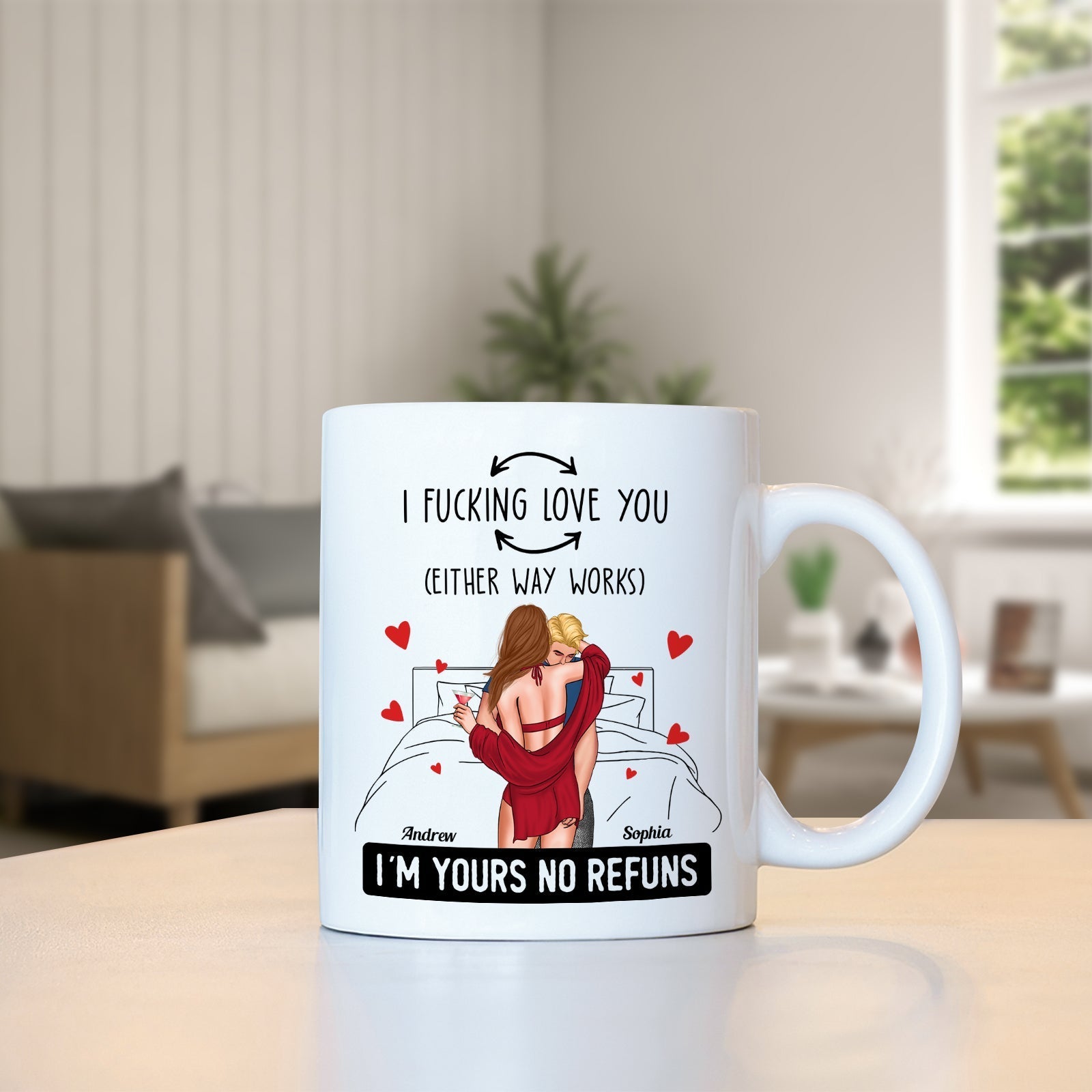 I love you personalized mug with romantic couple illustration and customizable names Andrew and Sophia
