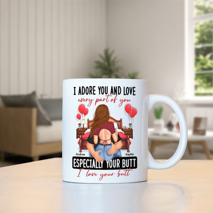 White custom I love your butt mug with romantic design and personalized names Andrew and Sophia