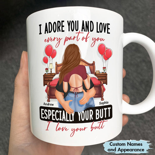 Custom I love your butt mug with romantic illustration and personalized names Andrew and Sophia