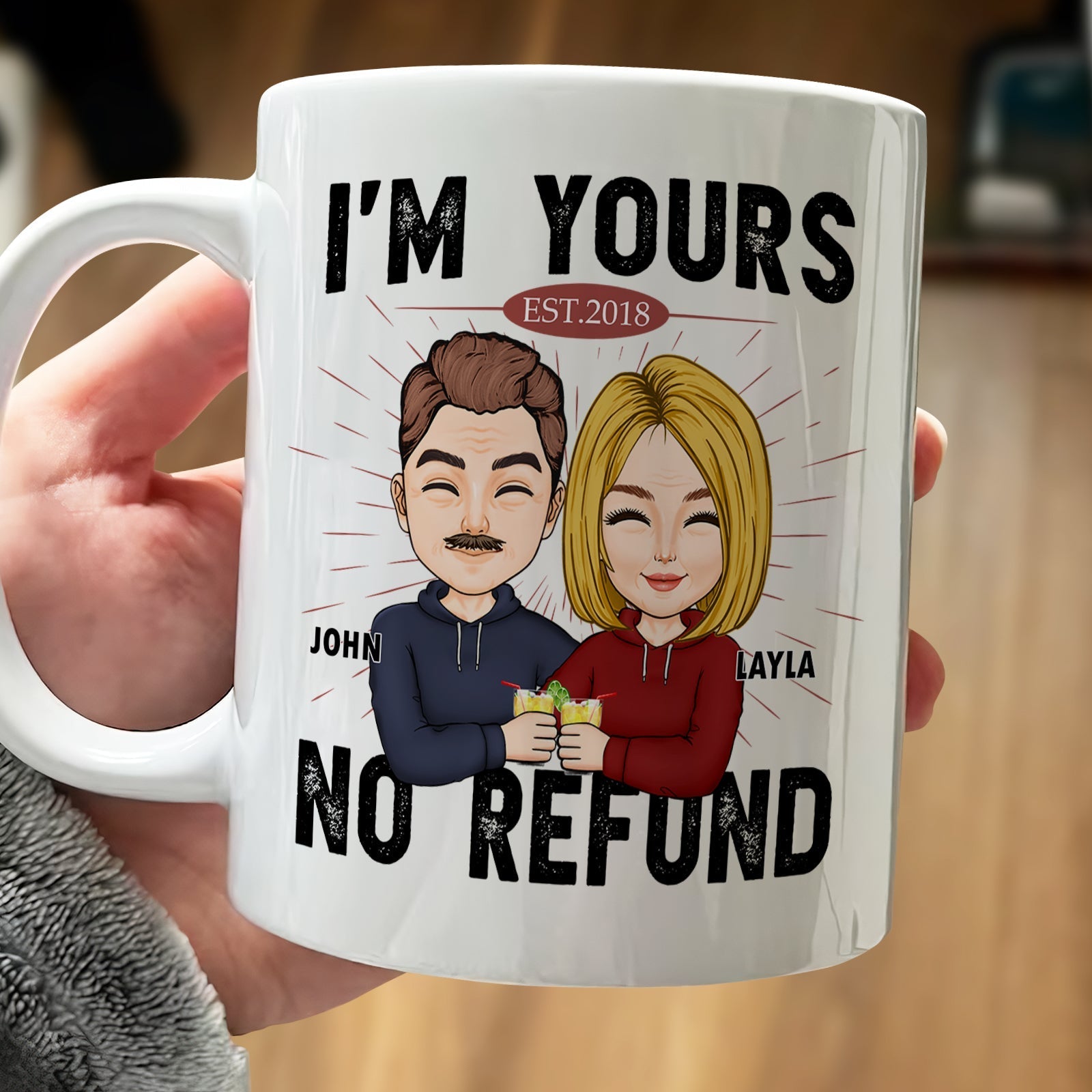 365Gifty custom I'm Yours no refund mug with cartoon couple holding drinks and personalized names