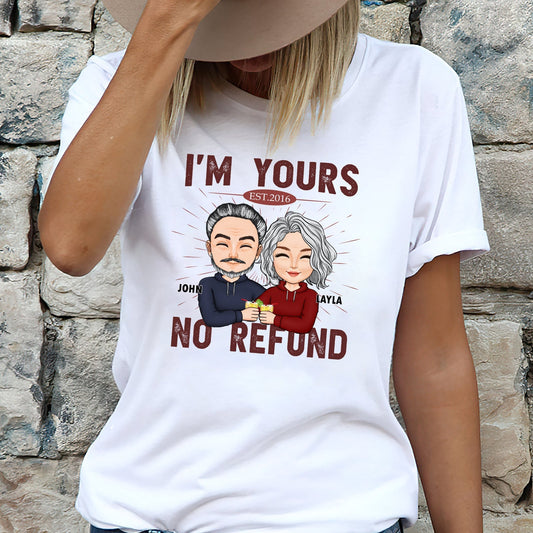 White custom I'm Yours No Refund shirt with cartoon couple illustration and personalized names