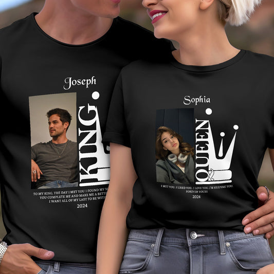 Couple wearing 365Gifty custom king and queen t shirts with personalized photos and names Joseph and Sophia