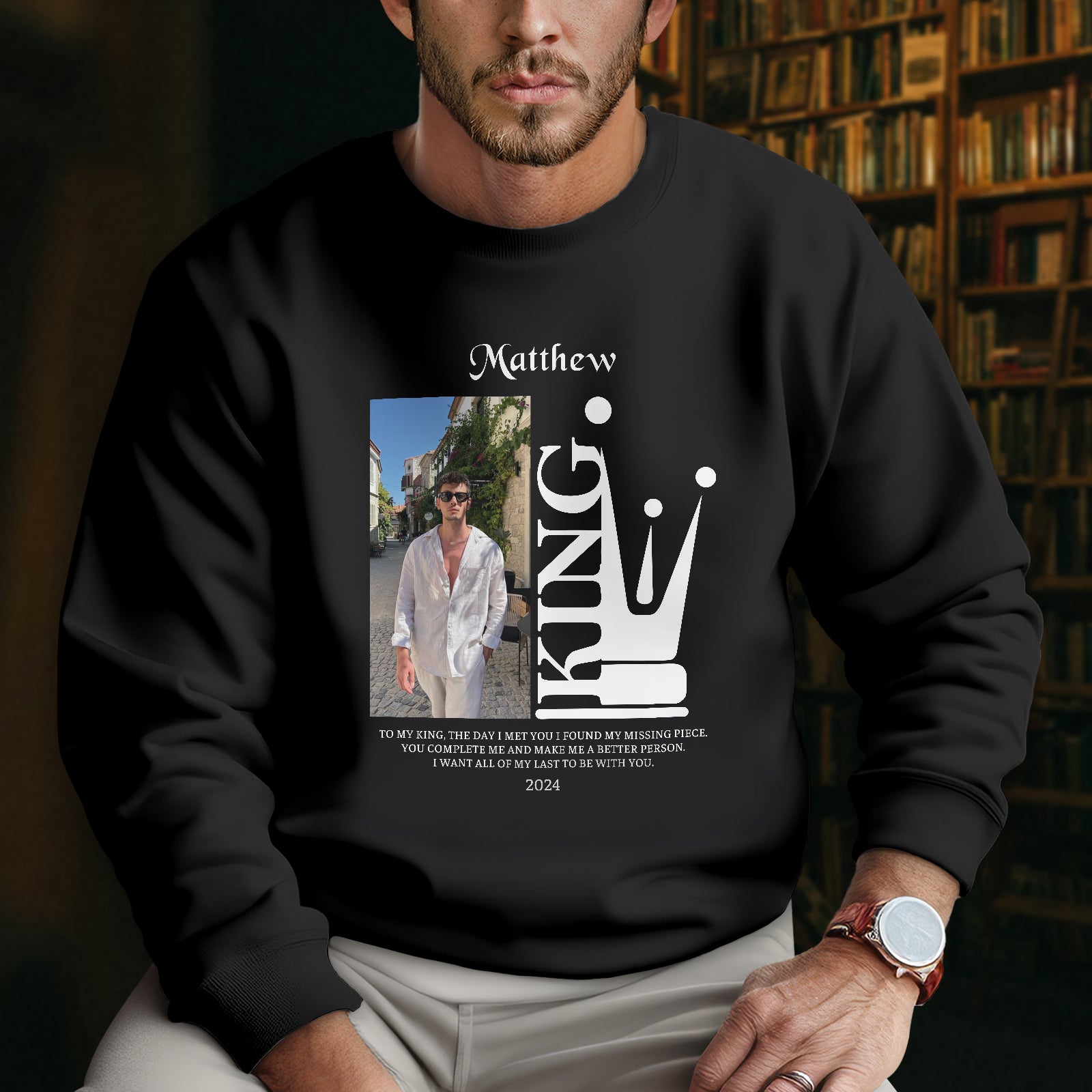 Black custom king and queen t shirts sweatshirt with personalized photo and text design for couples