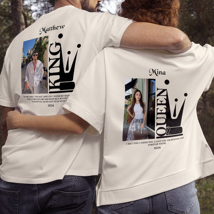 Couple wearing 365Gifty custom king and queen t shirts with personalized photos and names on back