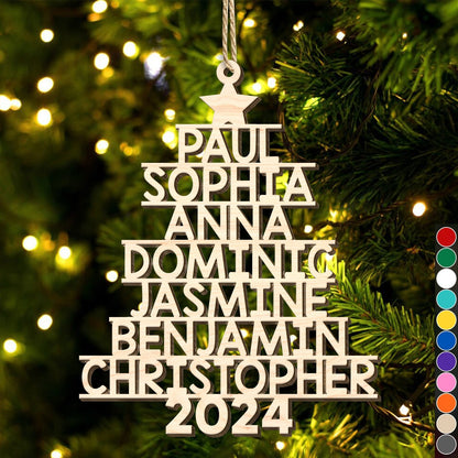 365Gifty personalized Christmas tree ornament with multiple names and 2024 year in wooden design
