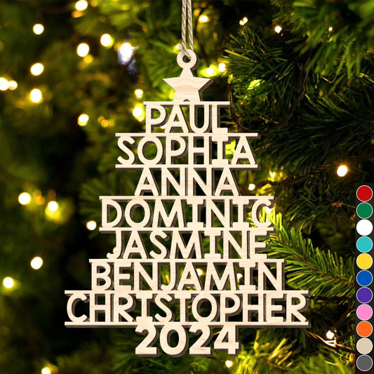 365Gifty personalized Christmas tree ornament with multiple names and 2024 year in wooden design