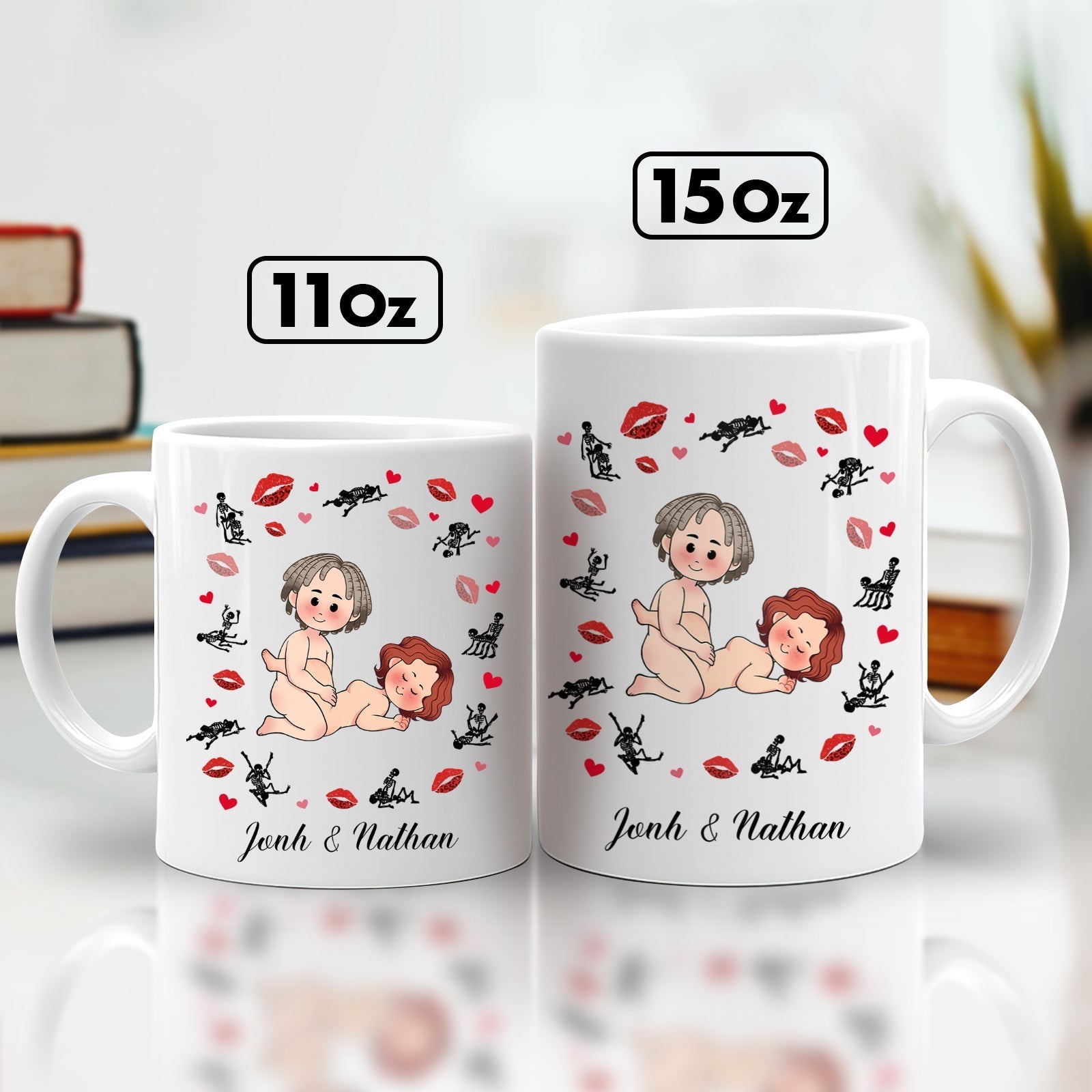 Custom married gift mug featuring playful cartoon characters with hearts and kisses for a couple