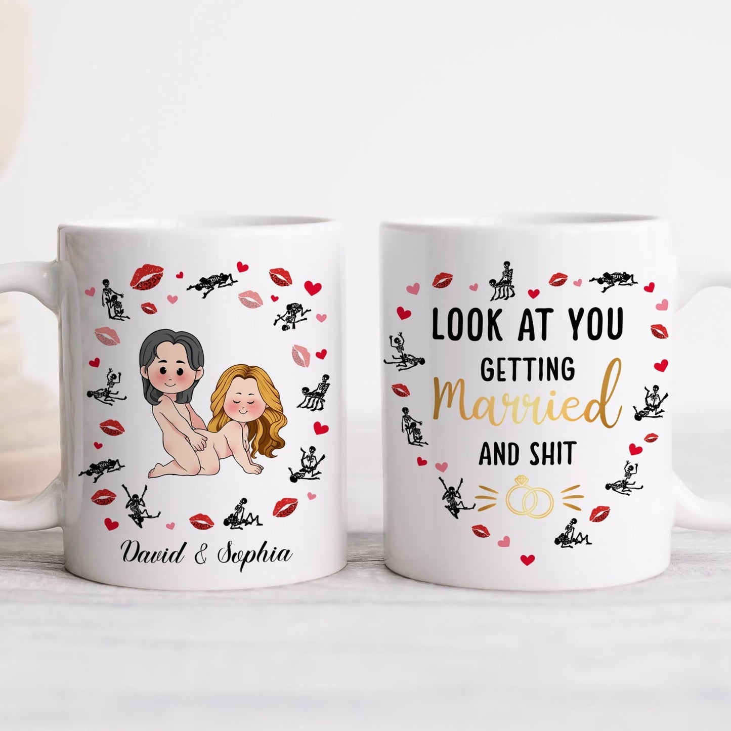 Custom married gift mug featuring playful cartoon couple design with personalized names for newlyweds