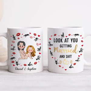 Custom married gift mug featuring playful cartoon couple design with personalized names for newlyweds