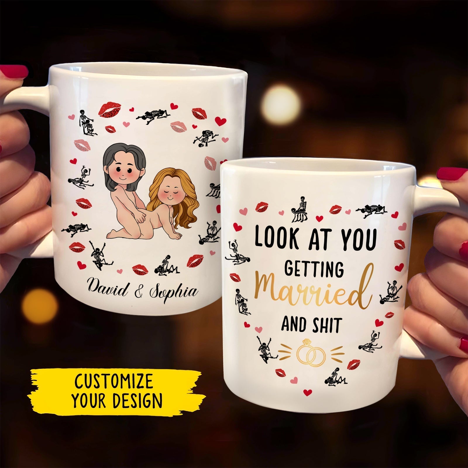 Custom married gift mug featuring personalized caricatures and playful text for newlyweds
