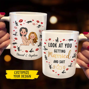 Custom married gift mug featuring personalized caricatures and playful text for newlyweds
