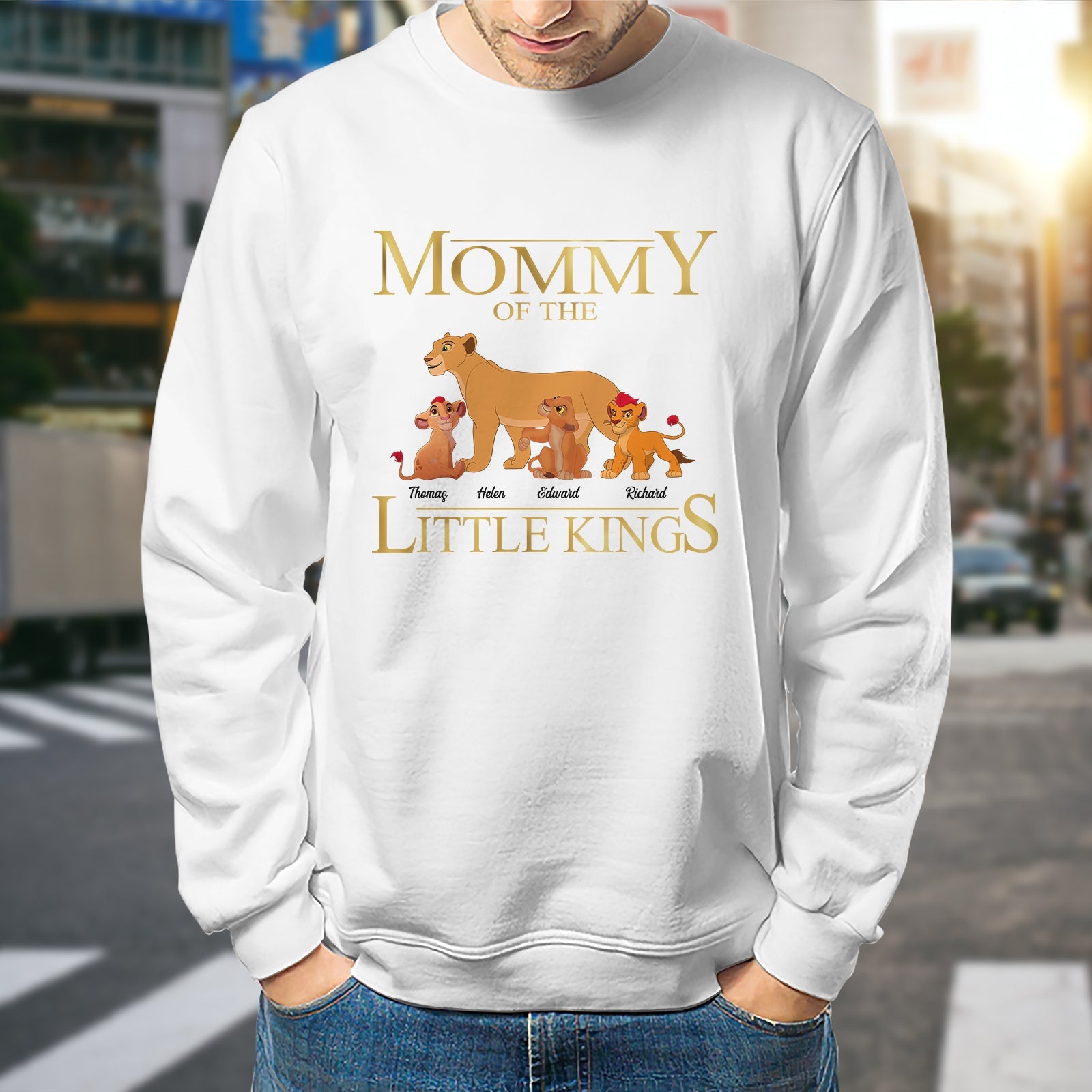White custom mother of little kings shirt with lion family graphic and personalized names