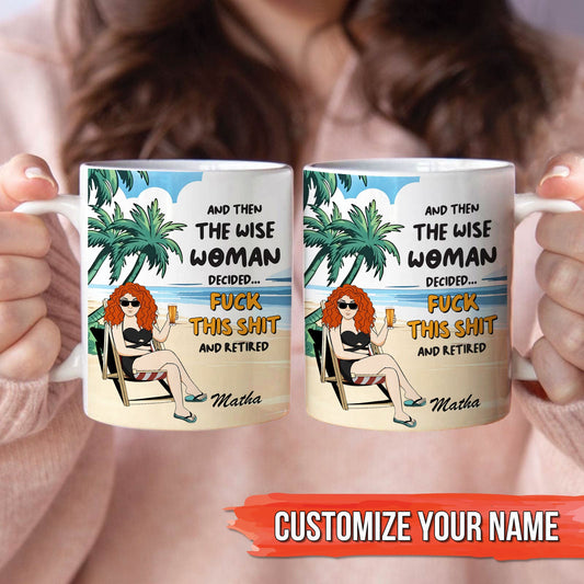 funny retirement mug for women featuring cartoon redheaded woman lounging on beach with palm trees