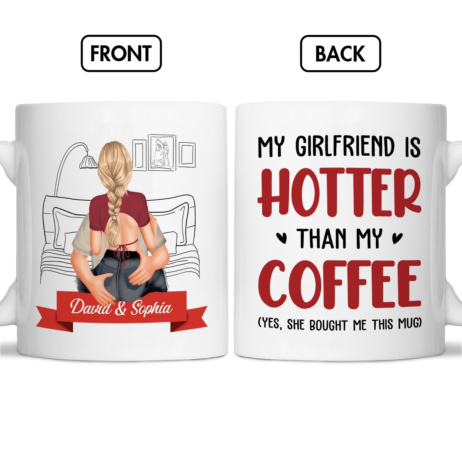 365Gifty coffee mug with illustration of couple and text my girlfriend is hotter than my coffee mug