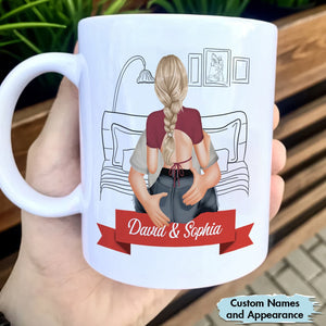White coffee mug with custom couple illustration and text my girlfriend is hotter than my coffee mug