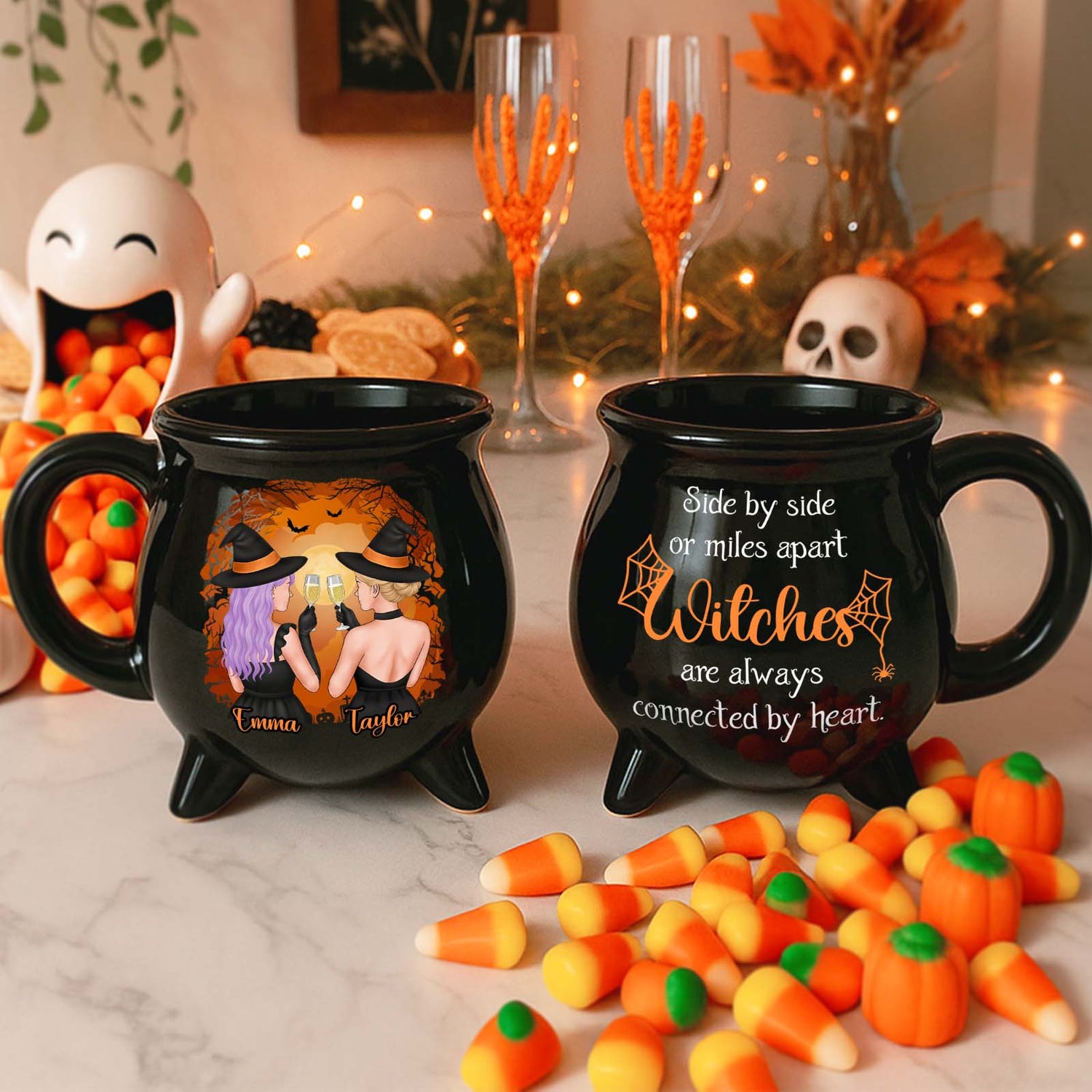 Black cauldron twin mugs with witches illustration and heart quote with candy corn personalized Halloween mug for friends