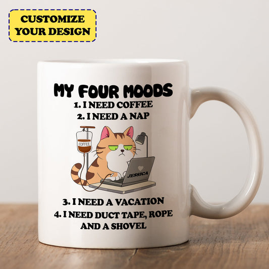 365Gifty white ceramic mug with funny cat illustration and My Four Moods text quirky coffee mugs for coworkers