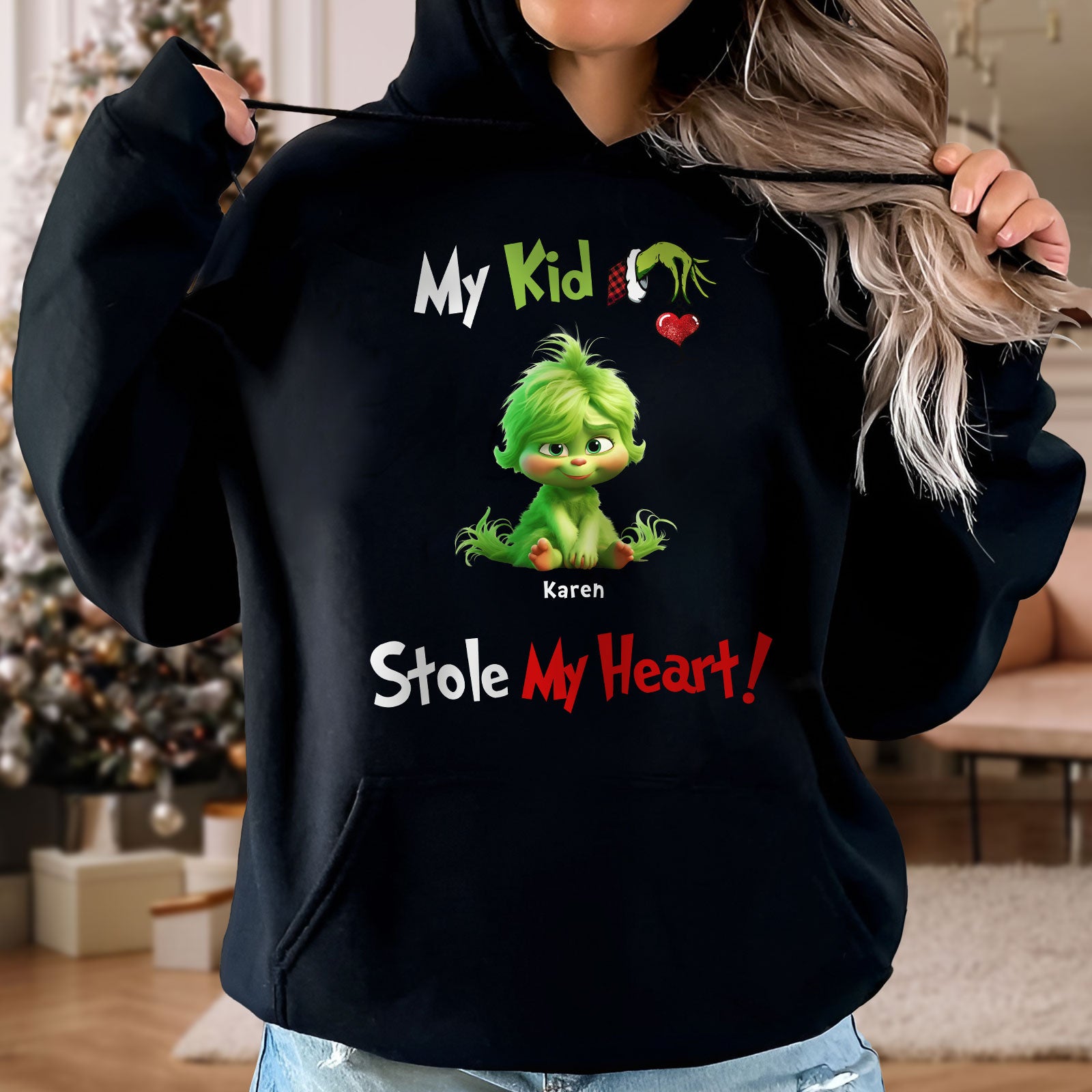 Black custom my grandkids stole my heart t-shirt featuring a cute green character and personalized name Karen