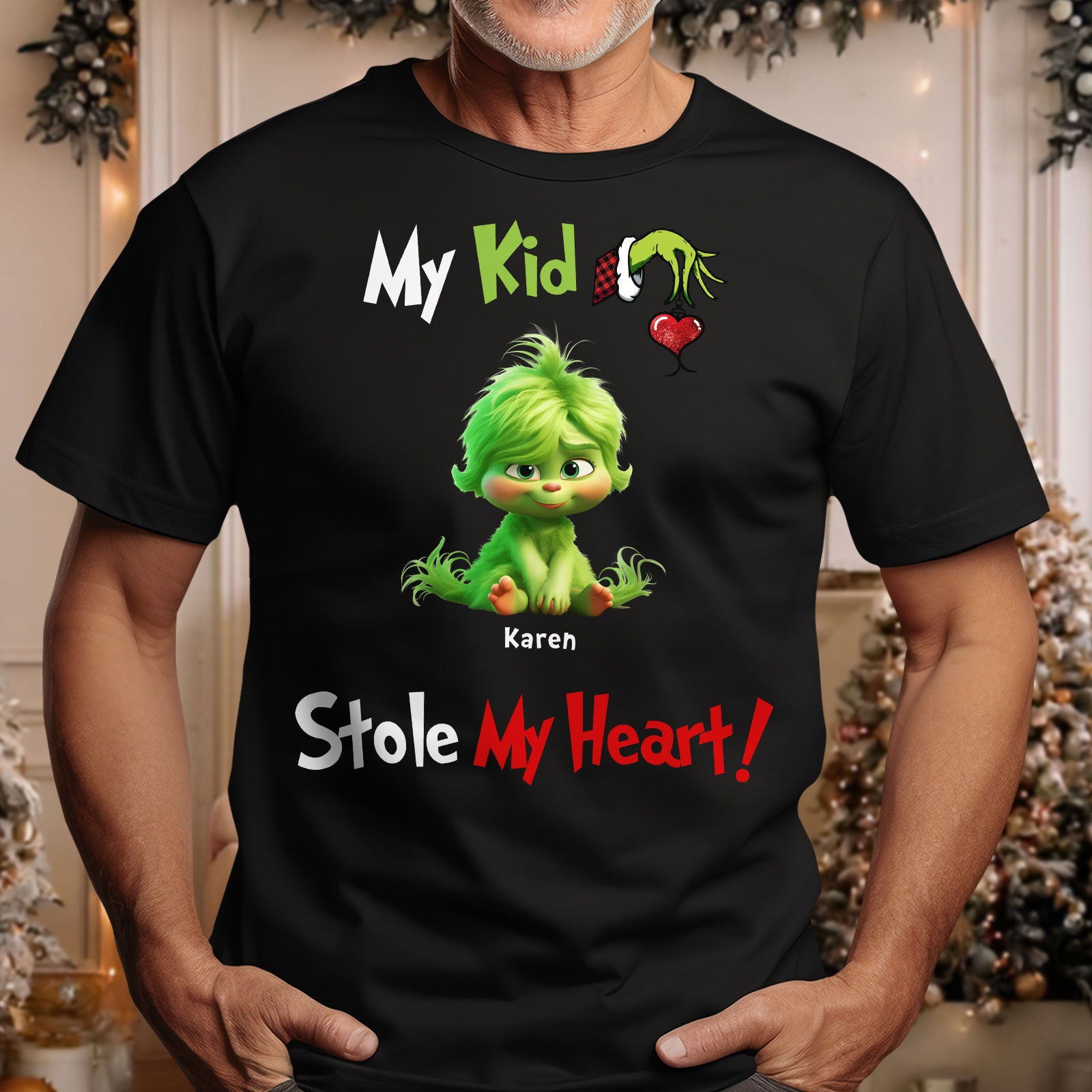 Custom my grandkids stole my heart t-shirt with green Grinch kid design on black shirt