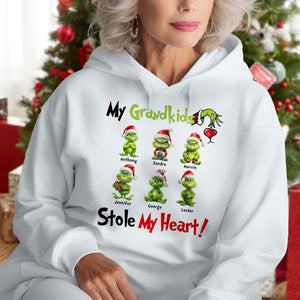 Custom my grandkids stole my heart t-shirt with Grinch characters and grandkids names in holiday design