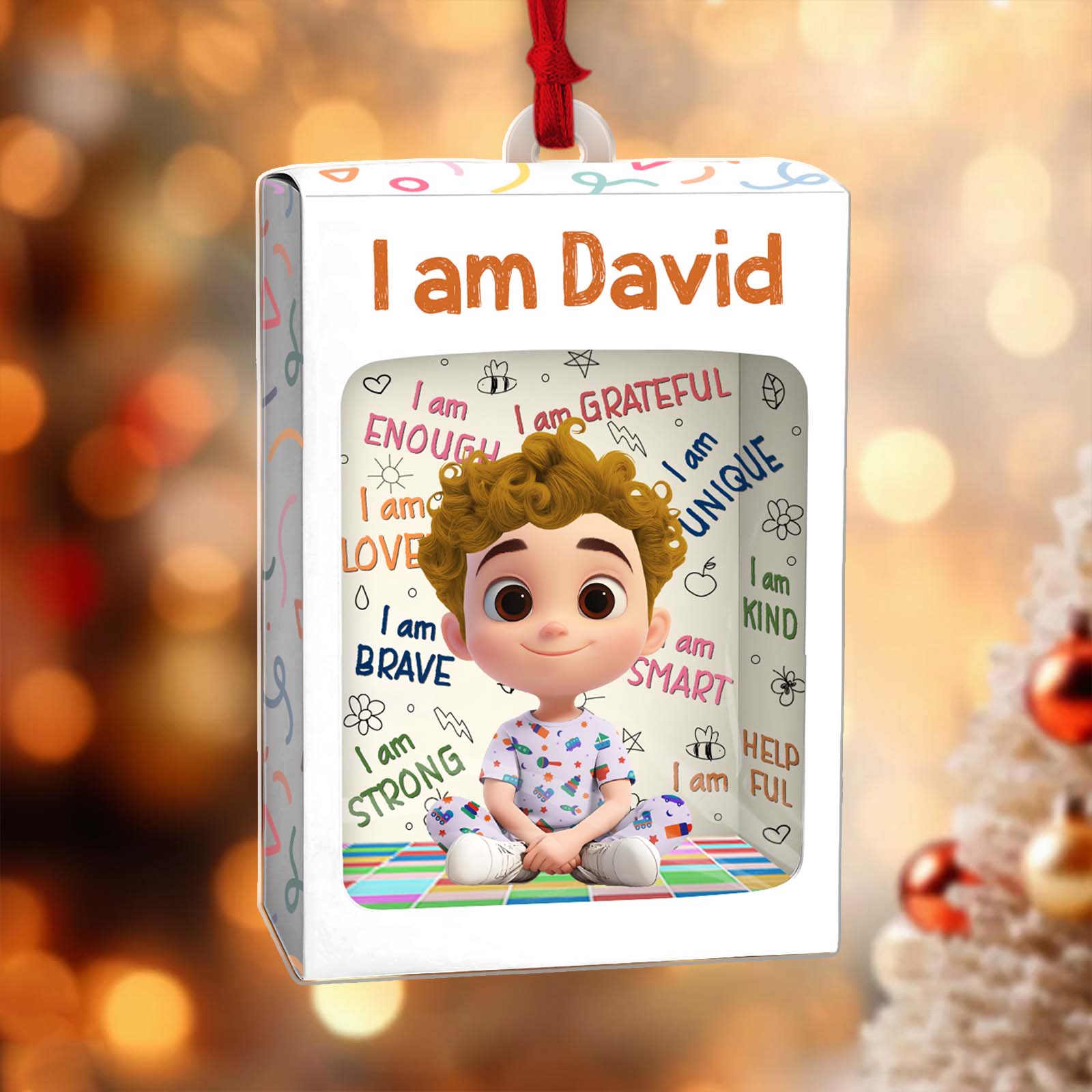 Custom name Christmas ornament for kids featuring a personalized character with affirmations